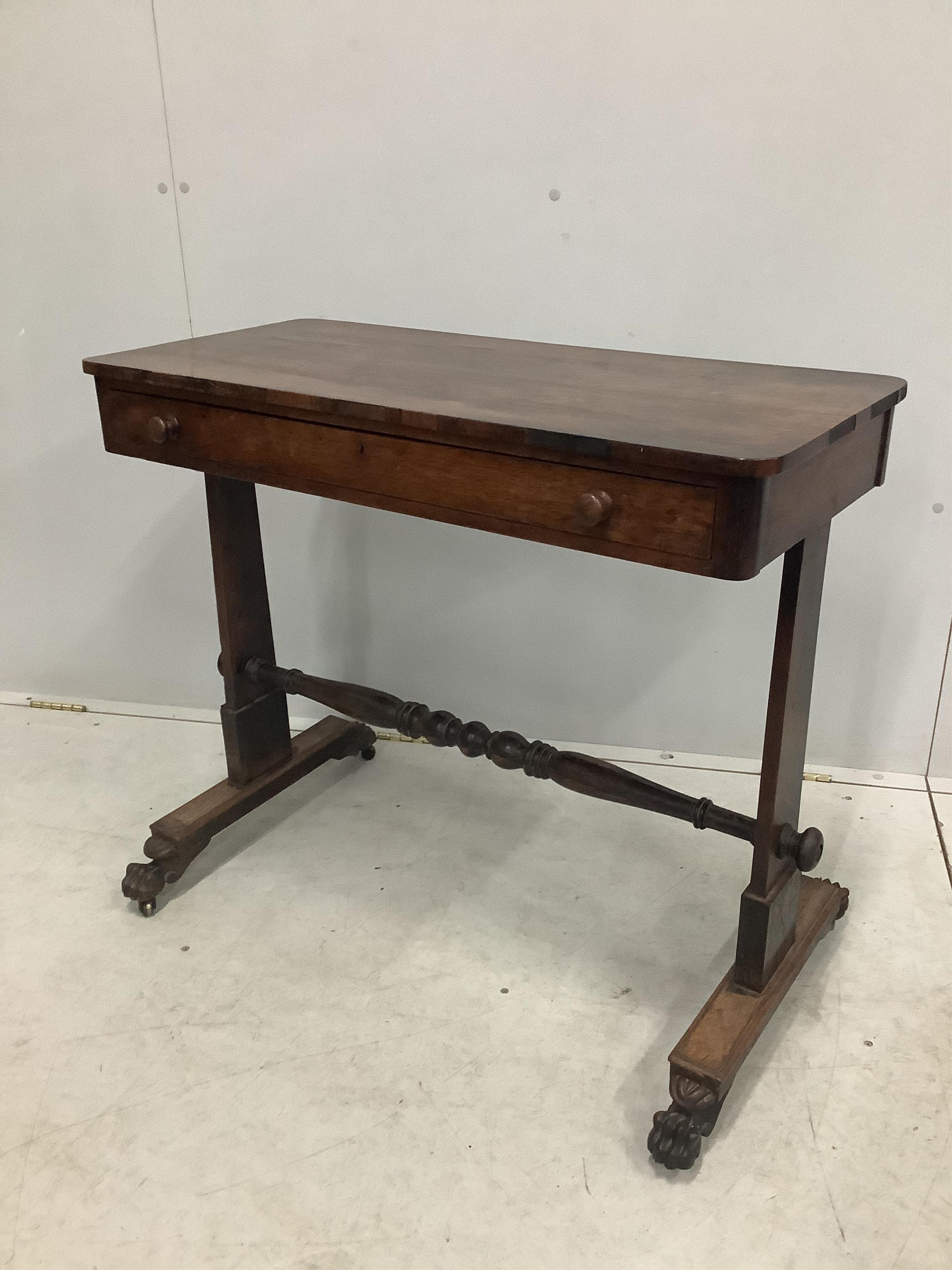 A Regency rectangular rosewood side table, width 86cm, depth 40cm, height 76cm. Condition - fair